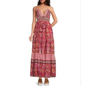Free People Real Love Strappy Boho Floral Maxi Dress Pink Meadow Combo Large
